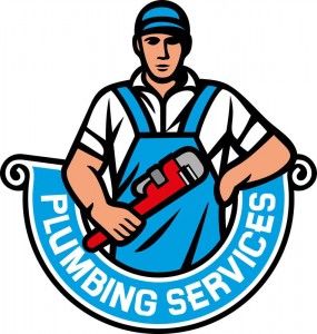 Graphic of plumber standing with "plumbing services" sign