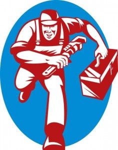 Graphic of a plumber carrying a tool and toolbox