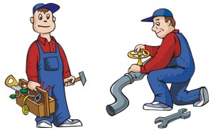 cartoon of two plumbers working with tools