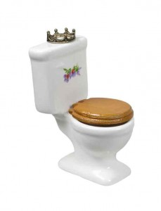 toilet with a crown resting on its lid