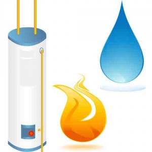 Graphic of a water heater with a water droplet and a little fire