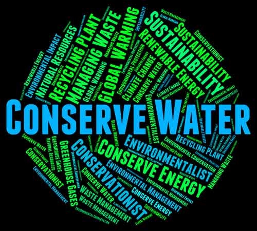 Graphic with many words related to conservation, with the words "conserve water" written in large font across the center