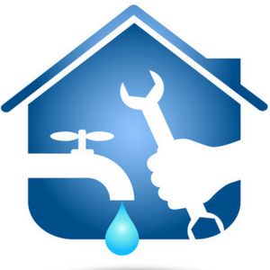 Graphic of a home with a faucet and a wrench in front of it