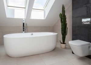Modern bathroom with large free standing tub